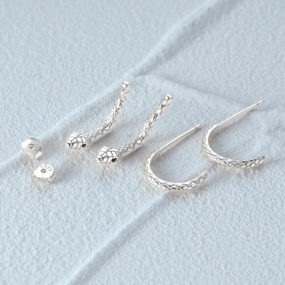 Silver & Gold Snake Dangle Earrings - Women's Serpent Drop Earrings in Black & S - Picture 7 of 8